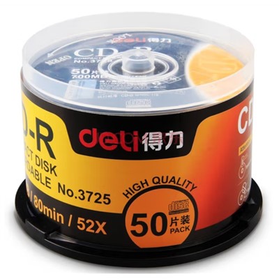 得力（deli）光盘 3725 空白光盘/刻录盘/碟 CD-R/52X/700MB 50片/桶